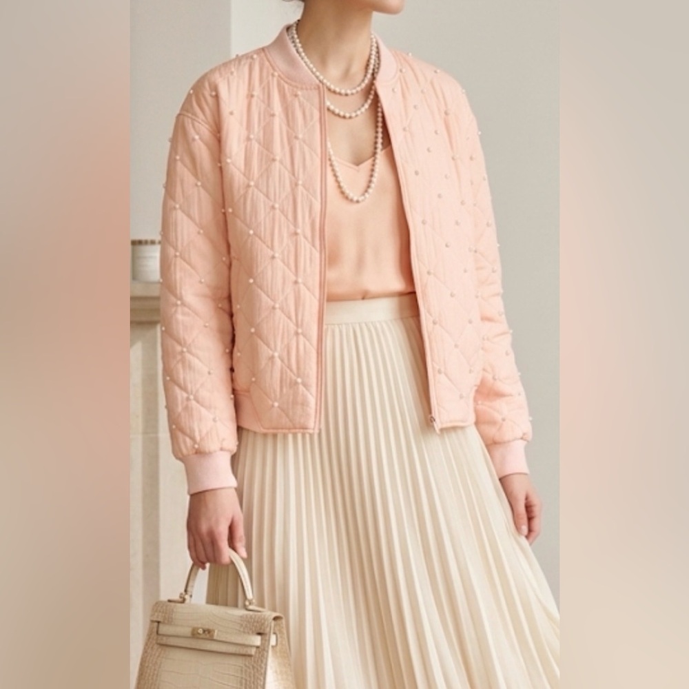 Maurada Silks Vintage Quilted Pearl Embellished‎ Bomber Jacket Peach Pink L
